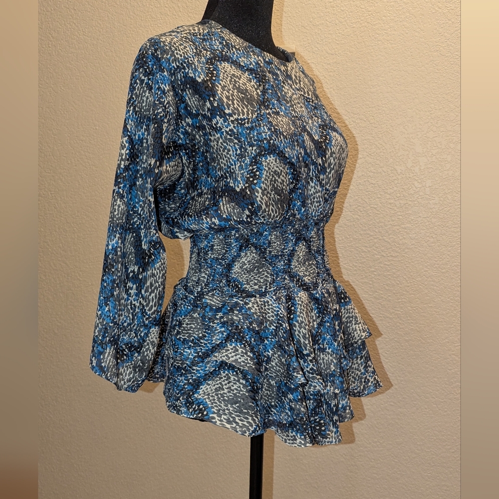 Blue, Black, and Gray Peplum Patterned Women's Top